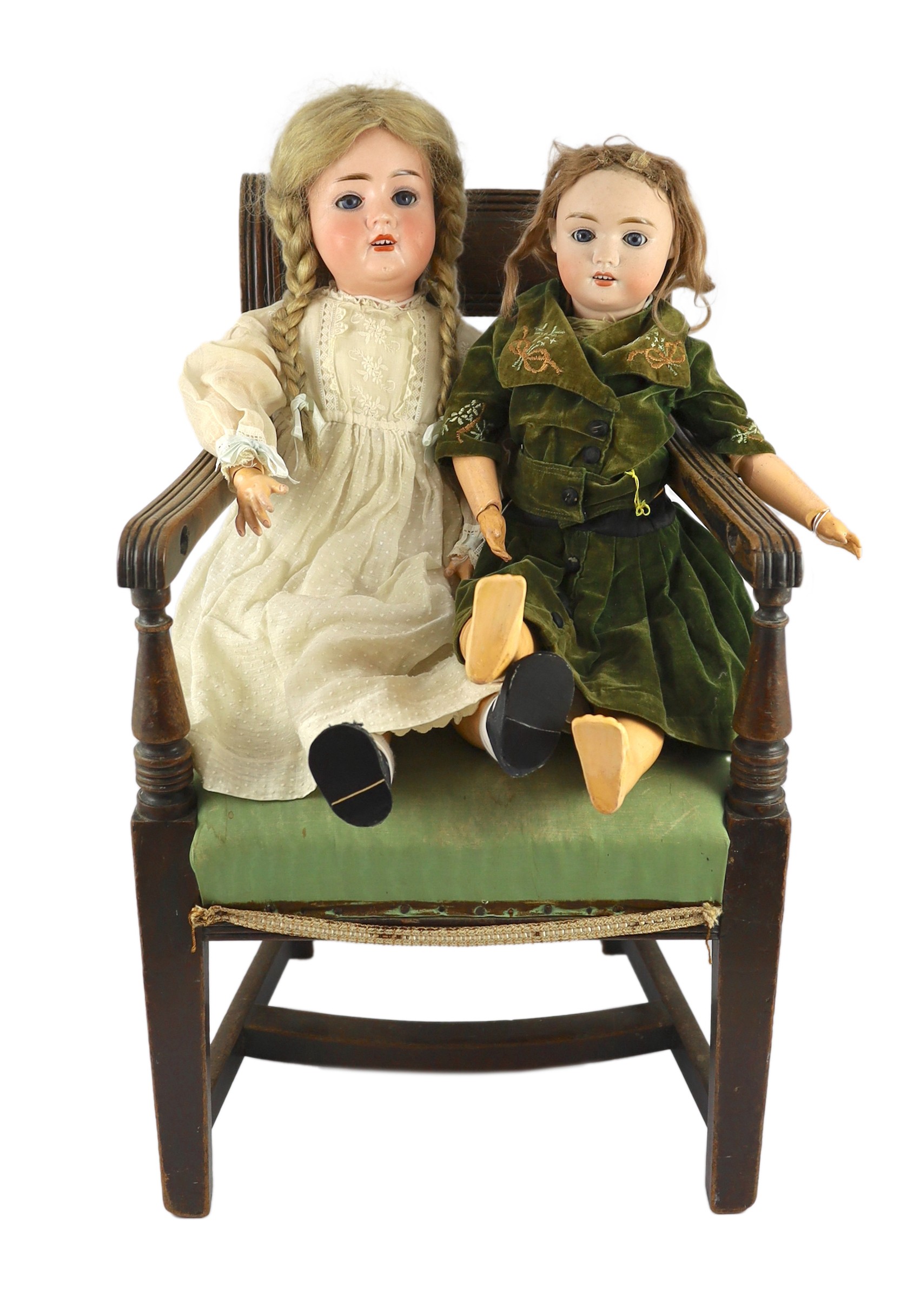 A Felix Arena bisque doll, German, circa 1920, 23in. (2) Please note the chair is for display purposes only.